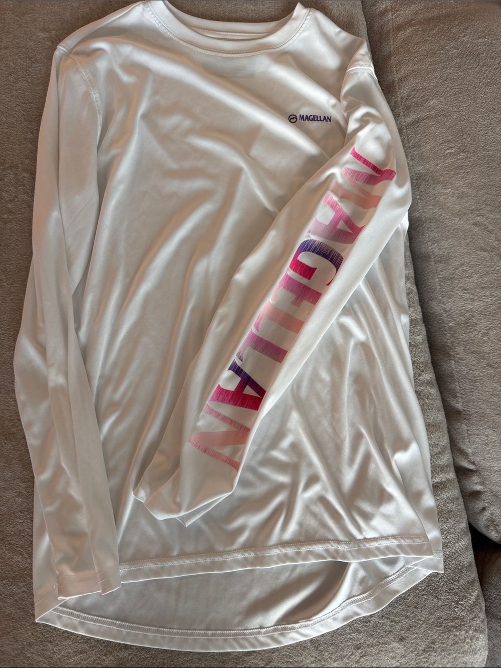 Magellan Outdoors White Long-Sleeve Tee with Pink and Purple Sleeve Graphic